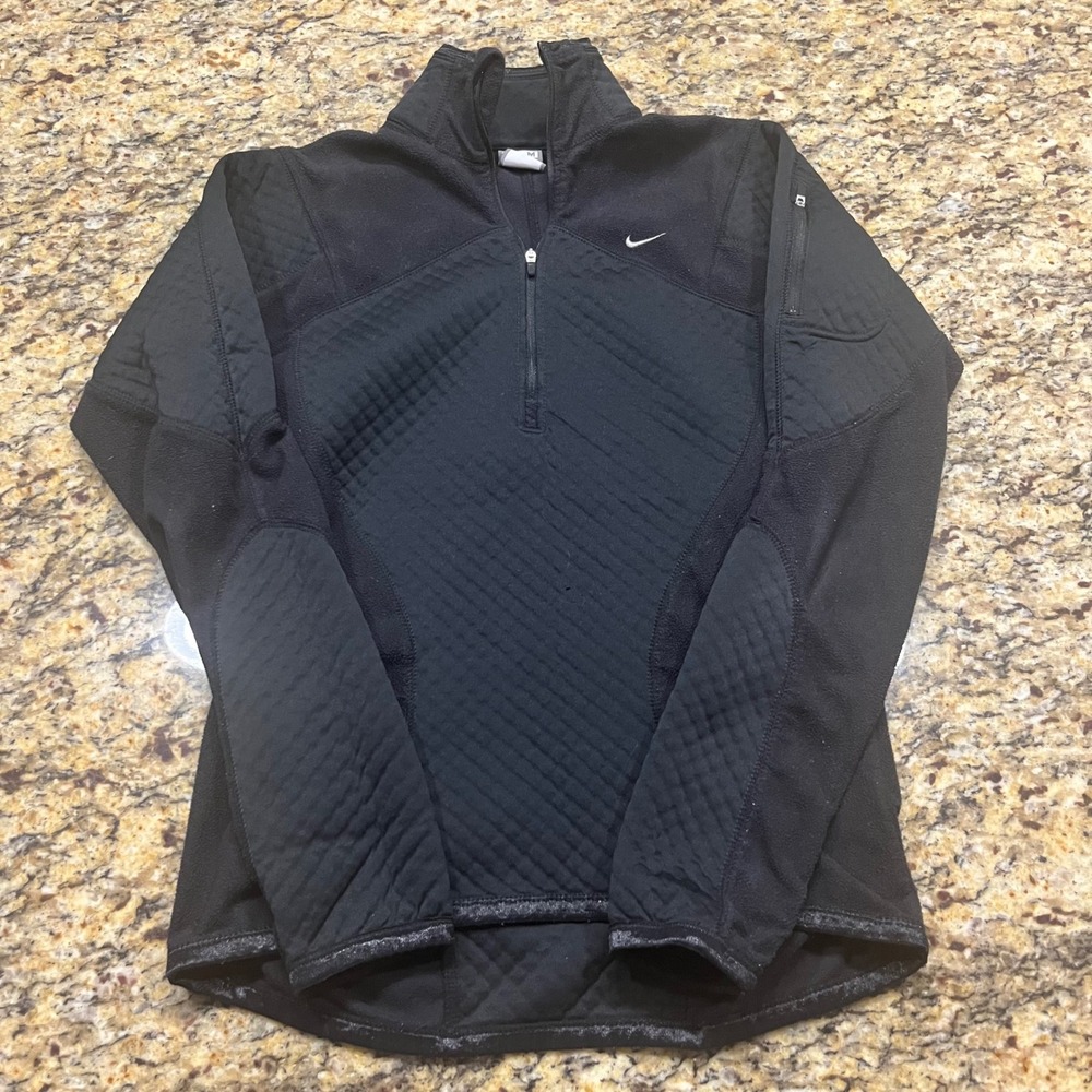 Nike FIT THERMA Womens Black Quilted Fleece Quarter Zip Pullover Thumbholes M